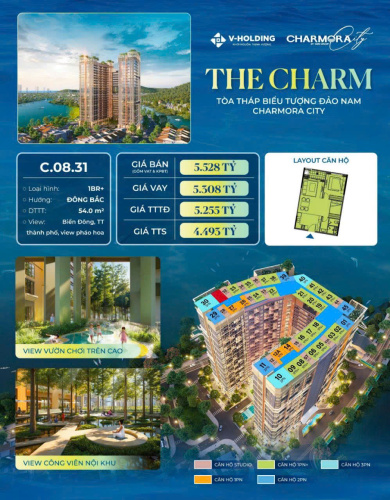Tòa The Charm | Tầng 8 căn 31 ( 1PN+ ) - view sông...